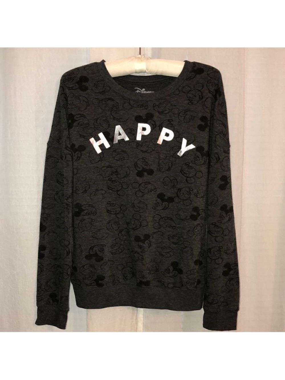 Disney S Gray Black Silver Crewneck Happy Mickey Mouse Sweatshirt